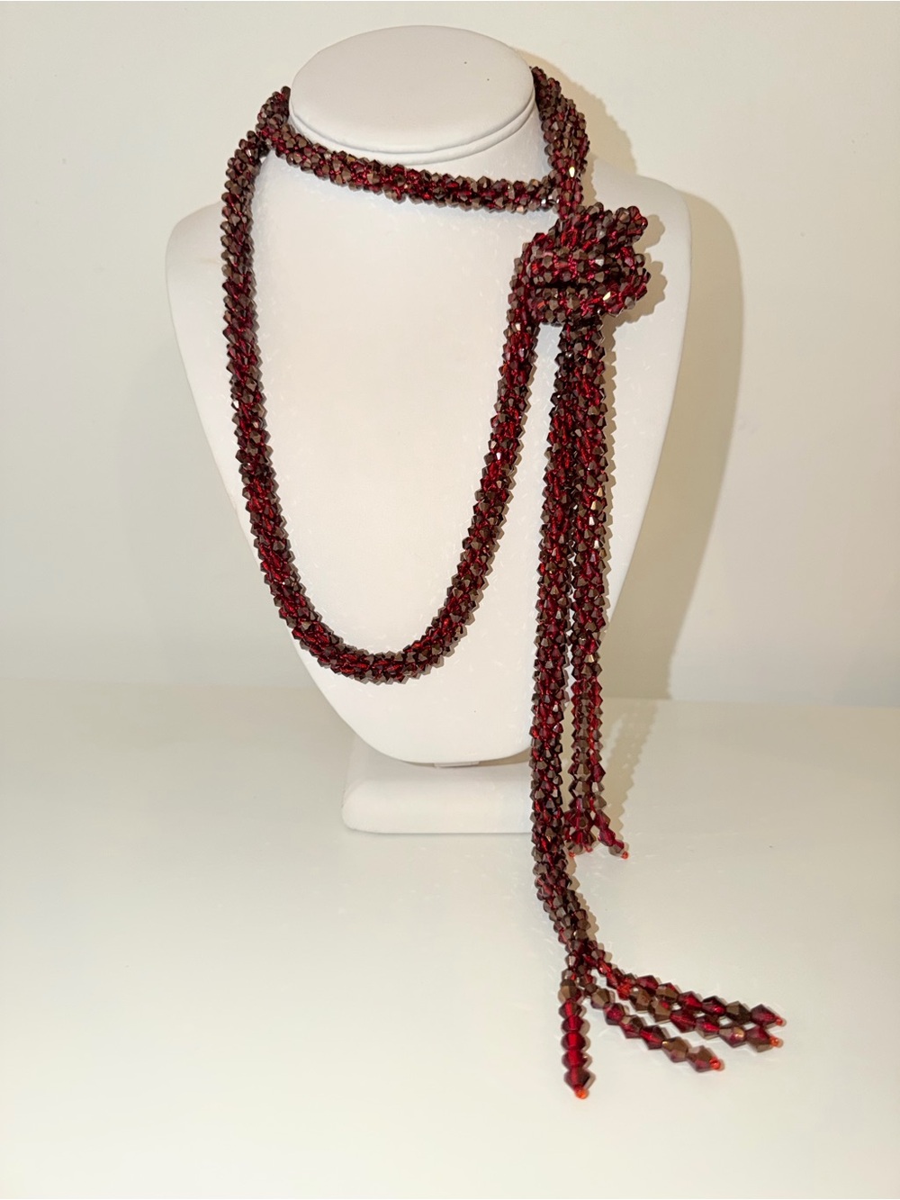 Vintage Red Flapper Beaded XLong Rope Tassel Knot Necklace